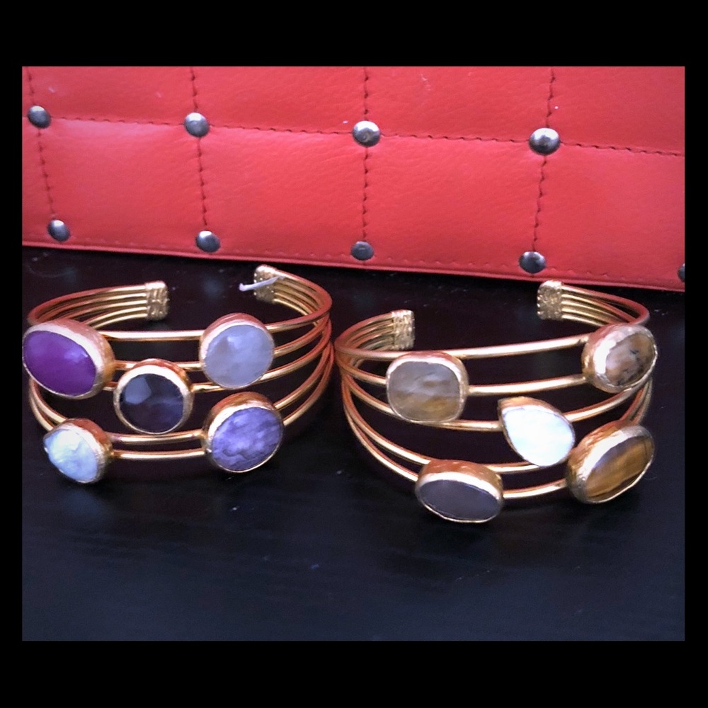 2 Bracelets- Cuffs Gold Metal with Real gem stones